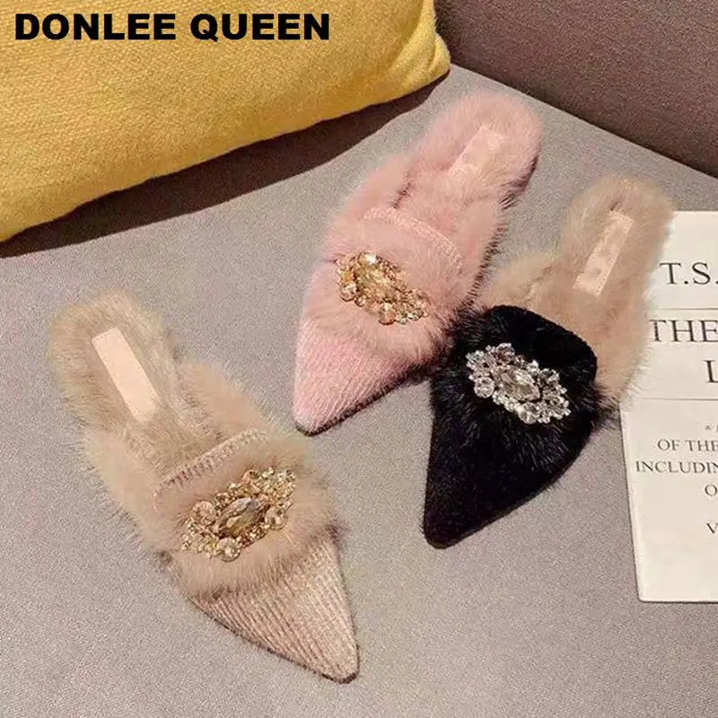 

Rhinestone Buckle Mules Shoes Women Flat Fur Slippers Crystal Plush Slides Casual Fuzzy Home Shoe Winter Flip Flops Female Mujer