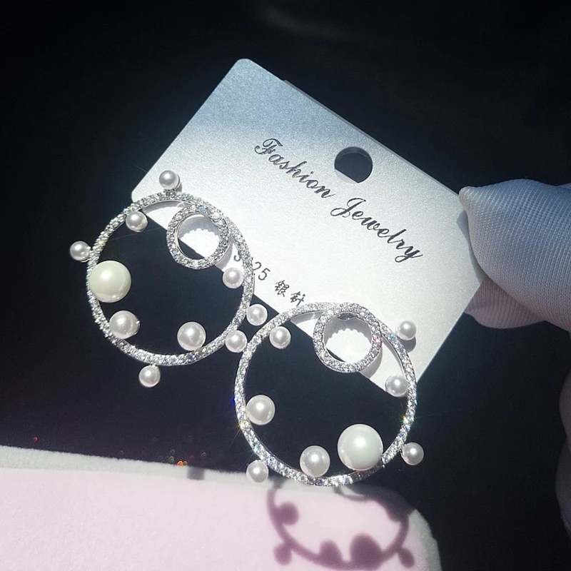 S925 Серебряные изысканные серьги-гвоздики Мозаика Топ CZ Циркон и жемчуг двойной используется круг серьги женские ювелирные изделия