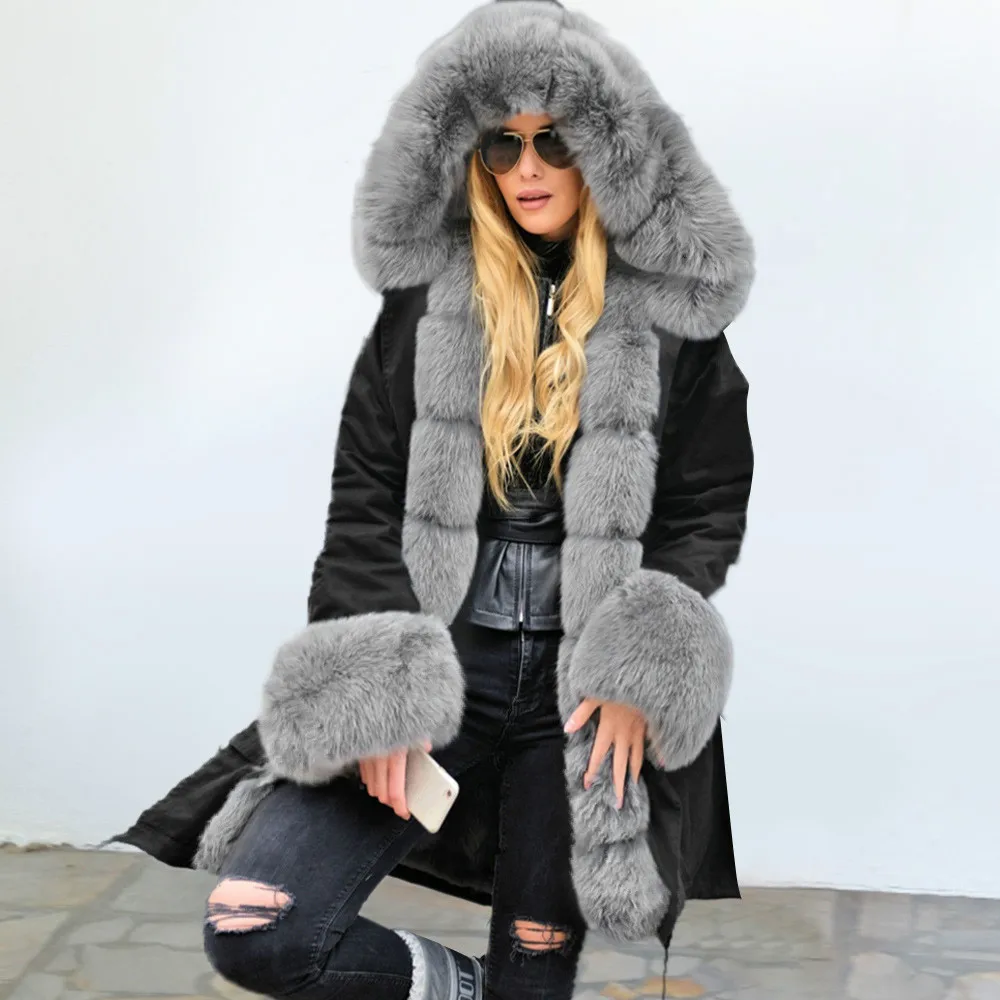 

Ladies Hooded Thermal Jacket Fluffy Grey Faux Fur Coat Warm Lace Up Girl Long Parka Winter Thick Overcoat Plus Size Winbreaker