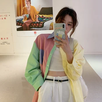 

Korean Stylish Tops Autumn Women Blouses Long Sleeve Buttons Ins Color Contrast Stripe Casual Shirts Young Style Baggy Blusas