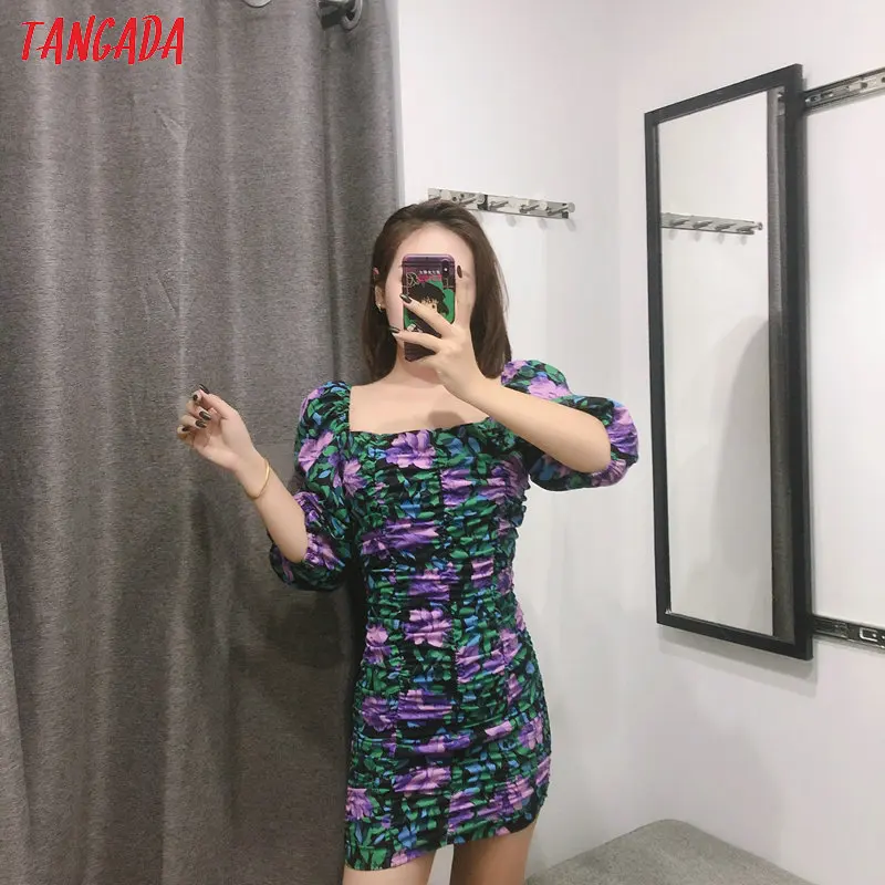 Tangada модное женское мини-платье с цветочным принтом, эластичное винтажное короткое платье с коротким рукавом и круглым вырезом, Vestidos 2XN165