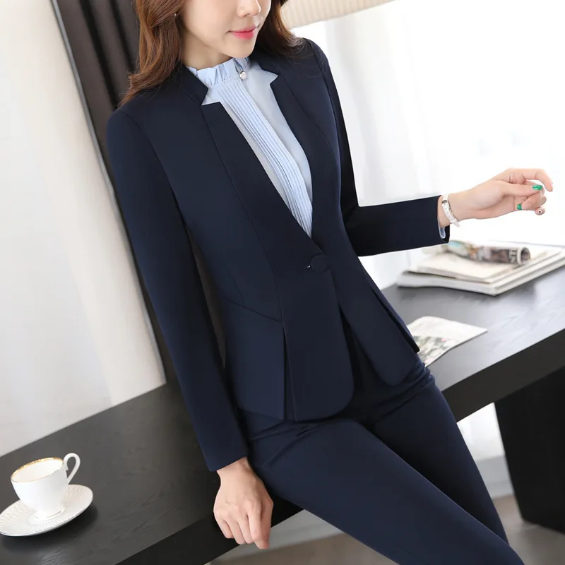 blue coat and pant IZICFLY осень весна женские костюмы с брюками офисная форма стиль Деловые женские брючные костюмы пиджак в офисном стиле комплект плюс размер - Цвет: blue coat and pant