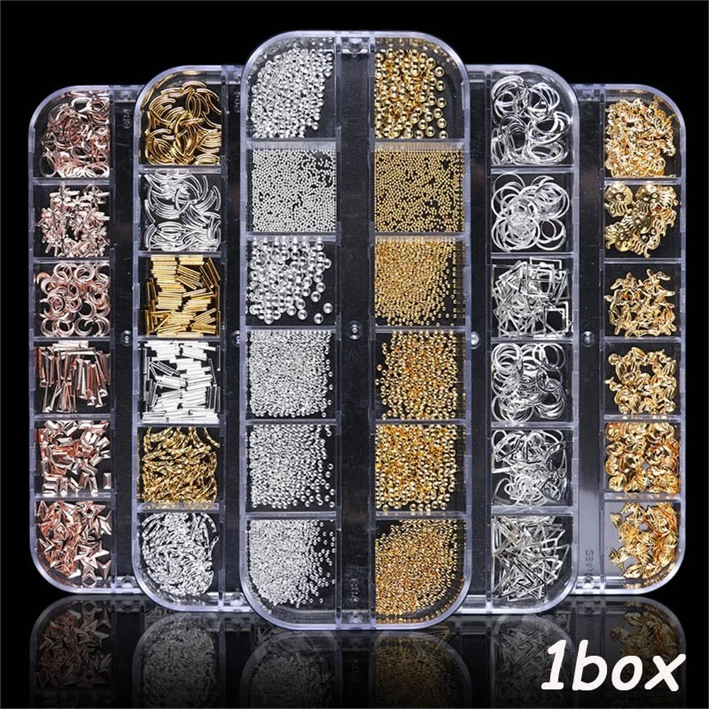 12 Grid/Set Gold Silver Hollow 3D Nail Art Decorations Mix Metal Frame Rivets Shiny Charm Strass Manicure Accessories Studs | Красота и