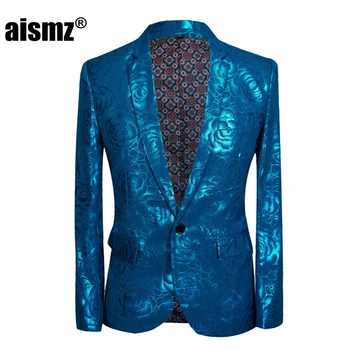 

Aismz Tide Men Gilding Shiny Blue Rose Pattern Casual Slim Fit Suit Jacket Hip Hop DJ Night Club Singers Blazer Stage Party Wear