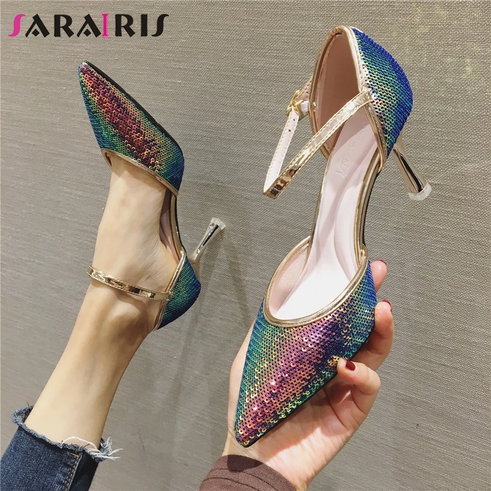 

SARAIRIS 2020 Brand Female Sexy Pointed Toe Sandals Party Wedding Shining High Heel Sandals Women Colorful Bling Shoes Woman