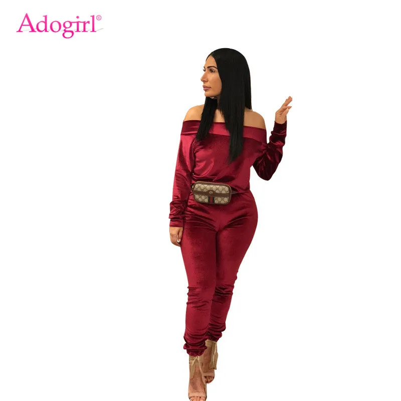 

Adogirl Solid Velvet Two Piece Set Plus Size S-3XL Women Tracksuit Sexy Off Shoulder Long Sleeve Top Pencil Pants Female Suits