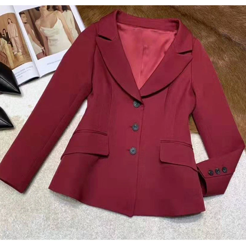Cosmicchic Women Solid Wool Blazer Runway Design Long Sleeve Pocket Lady Jacket Single Breasted Red Chic Blazer Office Wear