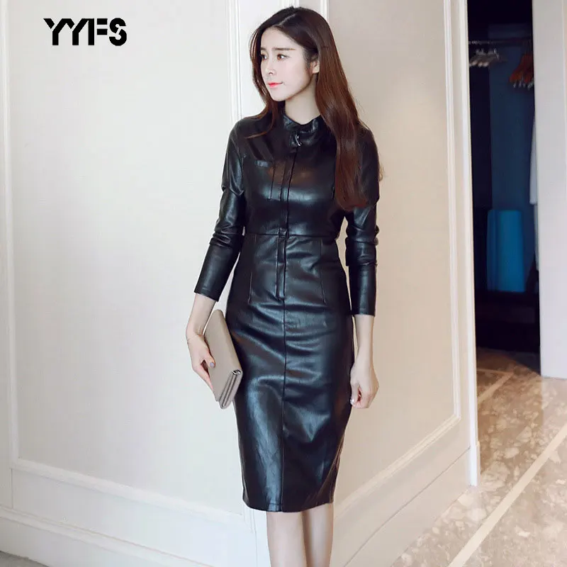 

2019 Faux Leather Dress Autumn Winter Fashion Stand-Collar Front Zipper Pockets Slim Package Hip Mid-Length PU Elegant Dresses