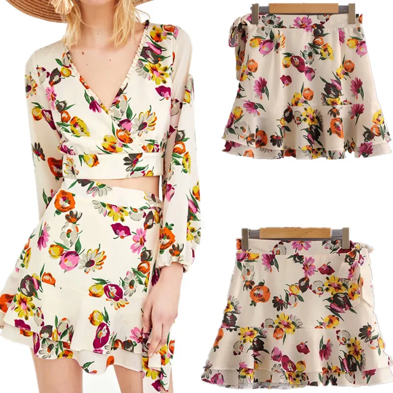 

Summer New Style European And American Style Fashion Printed bai da xiao Short Skirt High-waisted Lace-up Slimming Laminated Ski