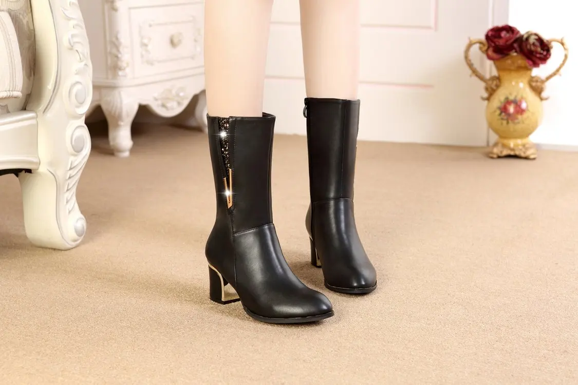 Новые осенне-зимние женские ботинки до середины икры теплые зимние ботинки на высоком каблуке ботинки с круглым носком из pu искусственной кожи женская обувь zapatos de mujer C870