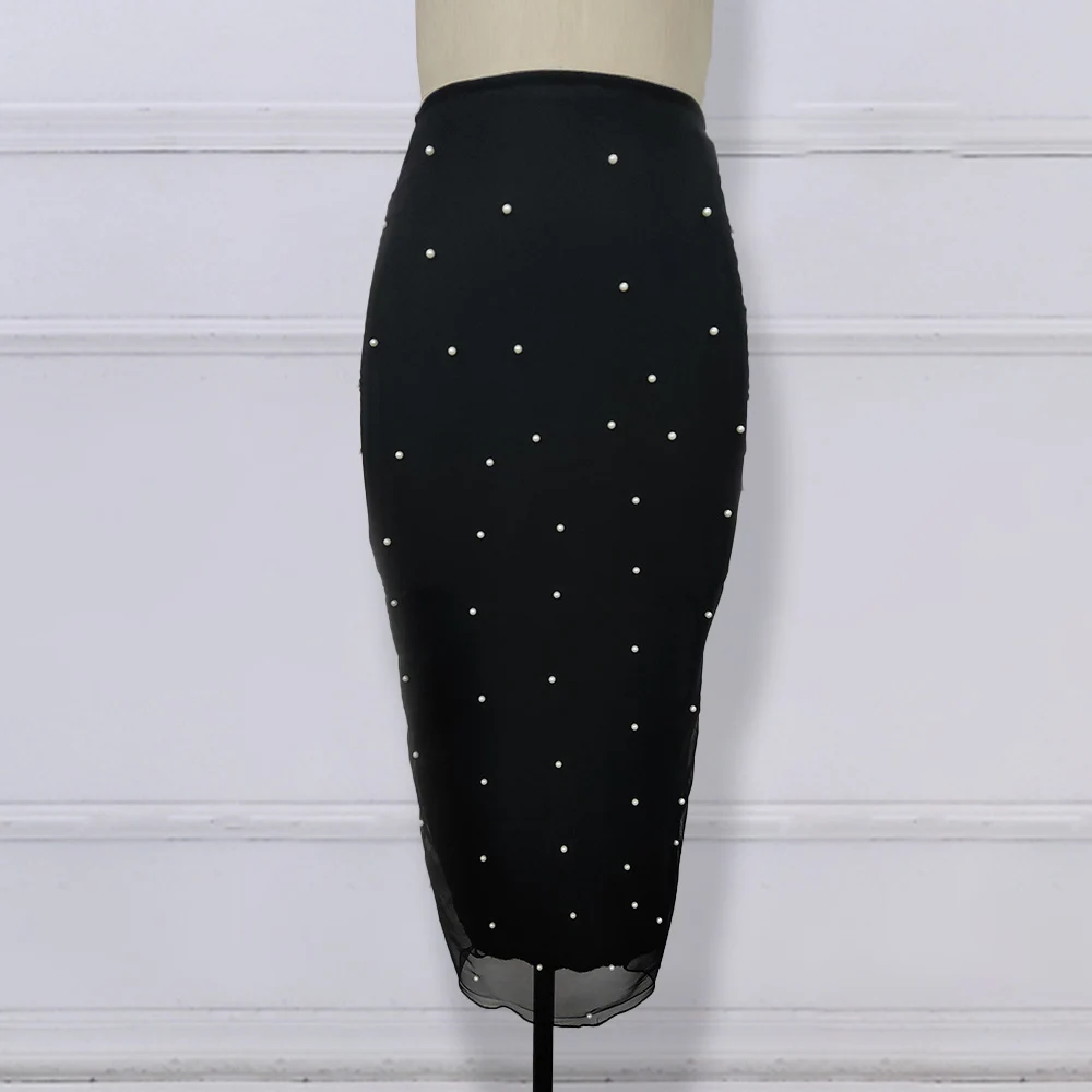 Женские черные юбки-карандаш, длинные, высокая талия, тонкая сетка, бисер, скромная, стильная, Женская посылка, бедра, юпы, Falad, офисная, элегантная, модная