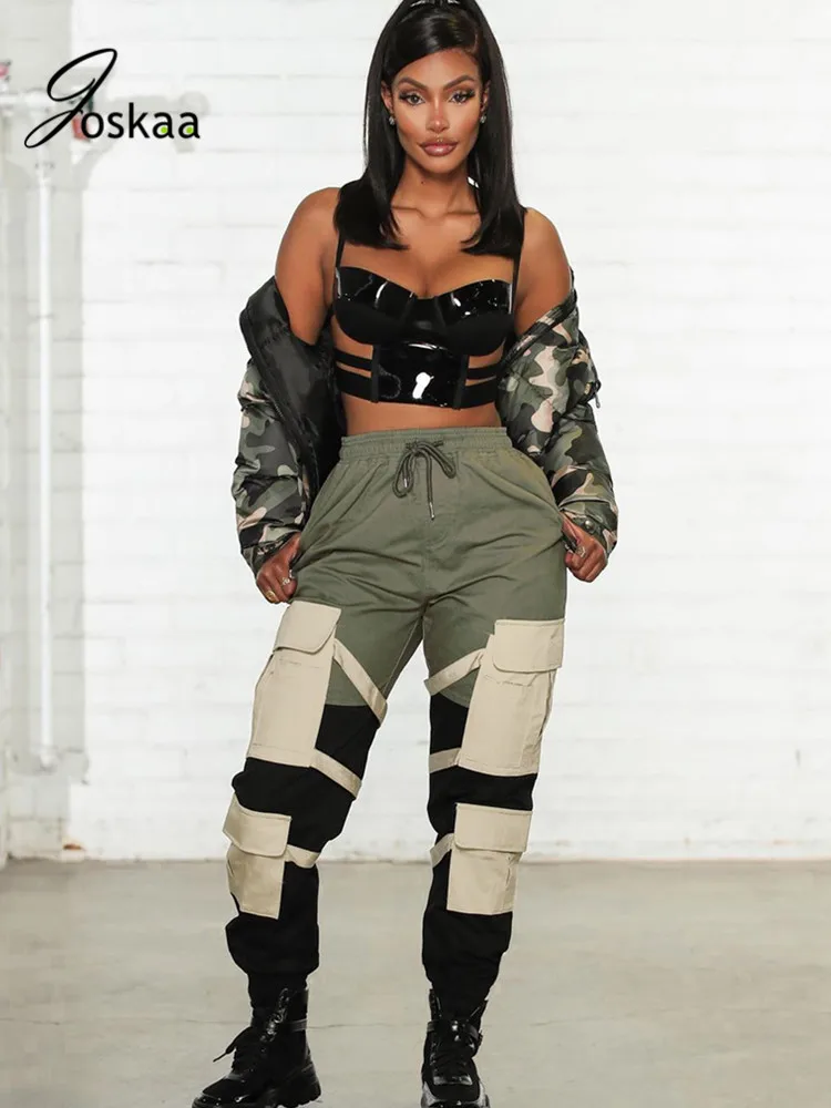 

Joskaa Punk Hip Hop Cargo Pantalets Women Sexy Casual Patchwork Camouflage Pants Elastic Loose Pocket Drawstring Trousers Female