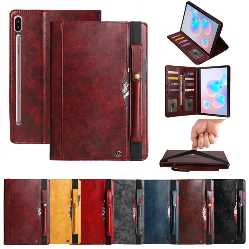 

For Samsung Tab S6 10.5 inch T860 Oil Wax Skin Leather Case Business Stand Wallet Smart Cover for Samsung Tab T865 With Pen Set