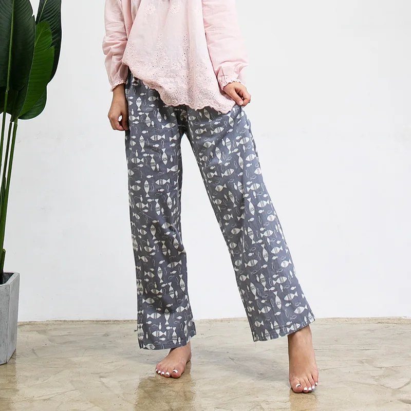 Fdfklak Spring Summer Womens Bottoms Cotton Home Pants Lounge Wear 2020 New Loose Gray Print Pijama Pyjama Femme | Женская одежда