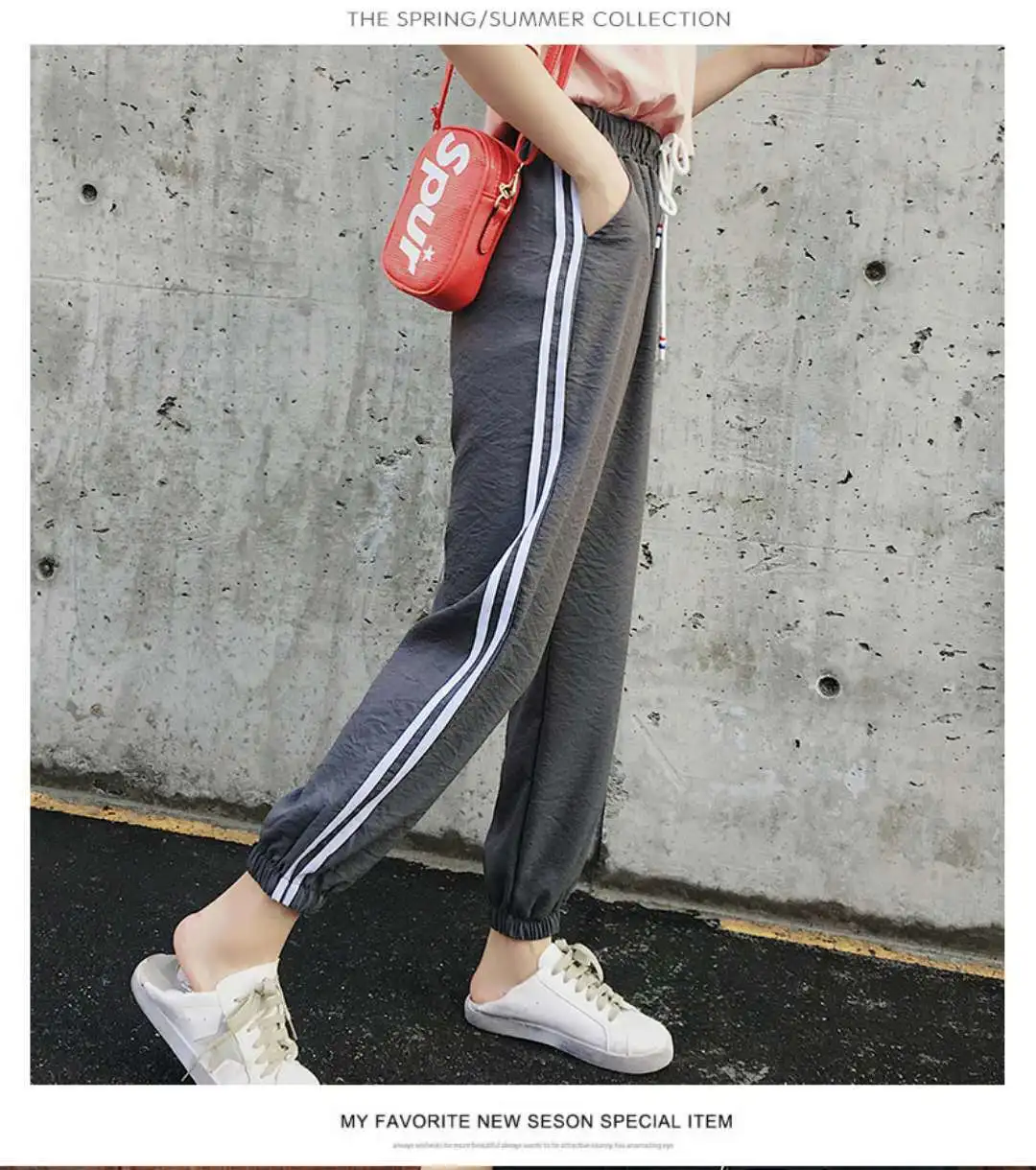 

Spring Athletic Pants Student Korean-style White Stripe Thin Loose And Plus-sized INS Online Celebrity Ankle Banded Pants Anti M