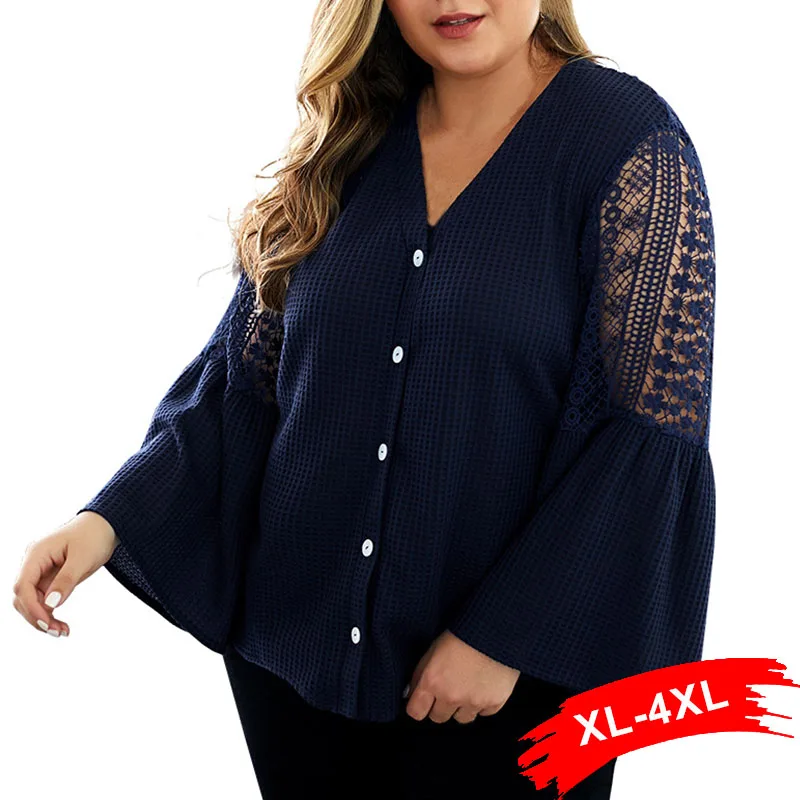 

Plus Size Hollow Out Floral Lace Stiching Loose Flare Sleeve Women Blouse 4Xl Elegant V Neck Buttons Army Green Blusa Shirt