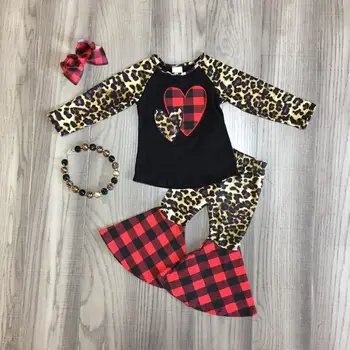 

baby Girl clothes girls V-day outfits heart-shaped leopard top with bell bottom pants girls boutique clothes with accessories