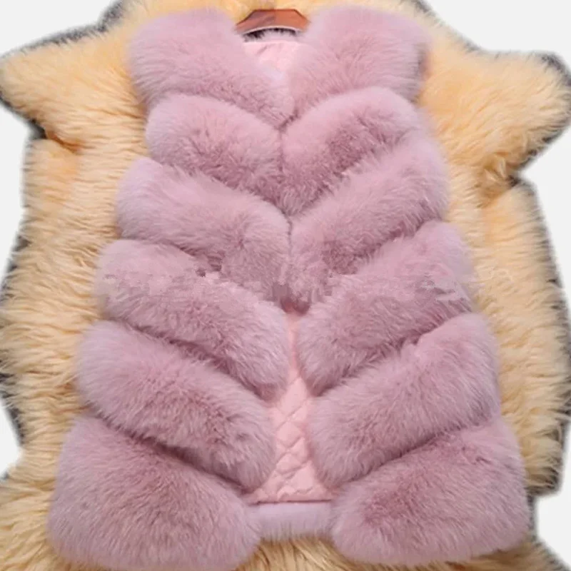 Зимний женский жилет из искусственного меха без рукавов размера плюс 4XL, роскошный Теплый Женский жилет из лисы, пальто, женская серая шикарная куртка для девушек - Color: Light Pink