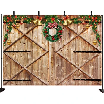 

Christmas Backdrop Wooden Barn Door Photography Red Ball Pine Tree Christmas Decorations New Year Party Photography Props
