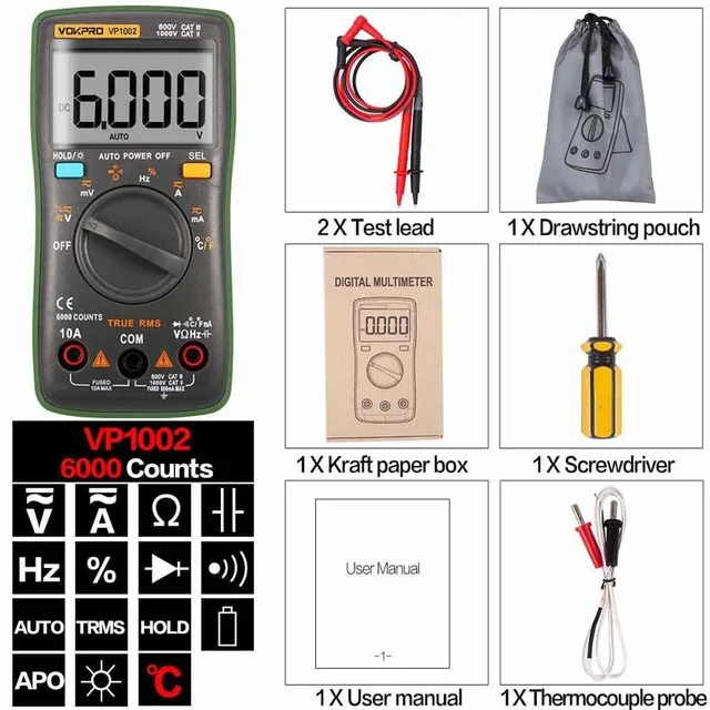 Цифровой мультиметр ЖК-дисплей 9999 отсчетов Электрический тестер метр подсветка AC/DC Амперметр Вольтметр Ом портативный измеритель напряжения - Цвет: VP1002