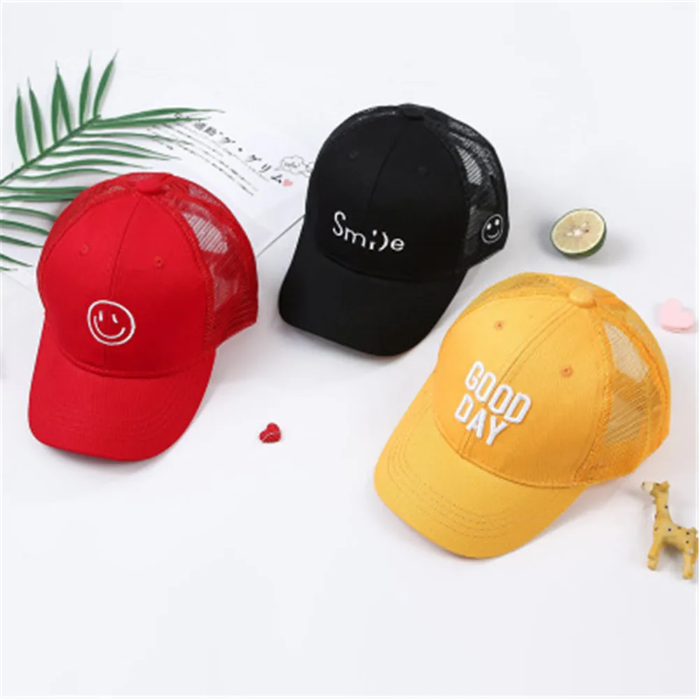 

Summer Children Baseball Cap Kids Boys Girls Letters Smile Face Sun Hats Mesh snapback Caps Outdoor For 2-9 years Old