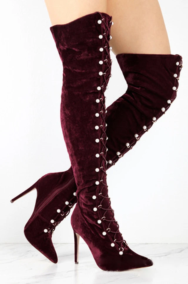 Newest Pearl Decor Cross Bandage Over The Knee Velvet Boots Women Pink