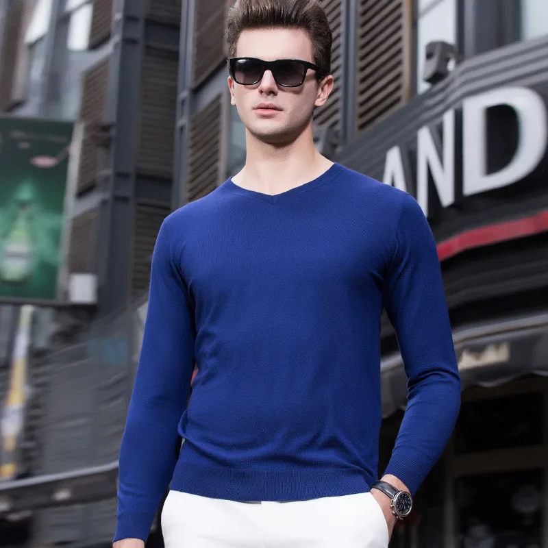 

The new 2024 men's spring v-neck pure color T-shirt young han edition cotton long sleeve shirt men leisure men's clothing
