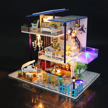 

NFSTRIKE DIY Creative Handmade Theme Wooden Cabin Assembly Building Model Toy Set with Light and Music - Blue Sea Romance