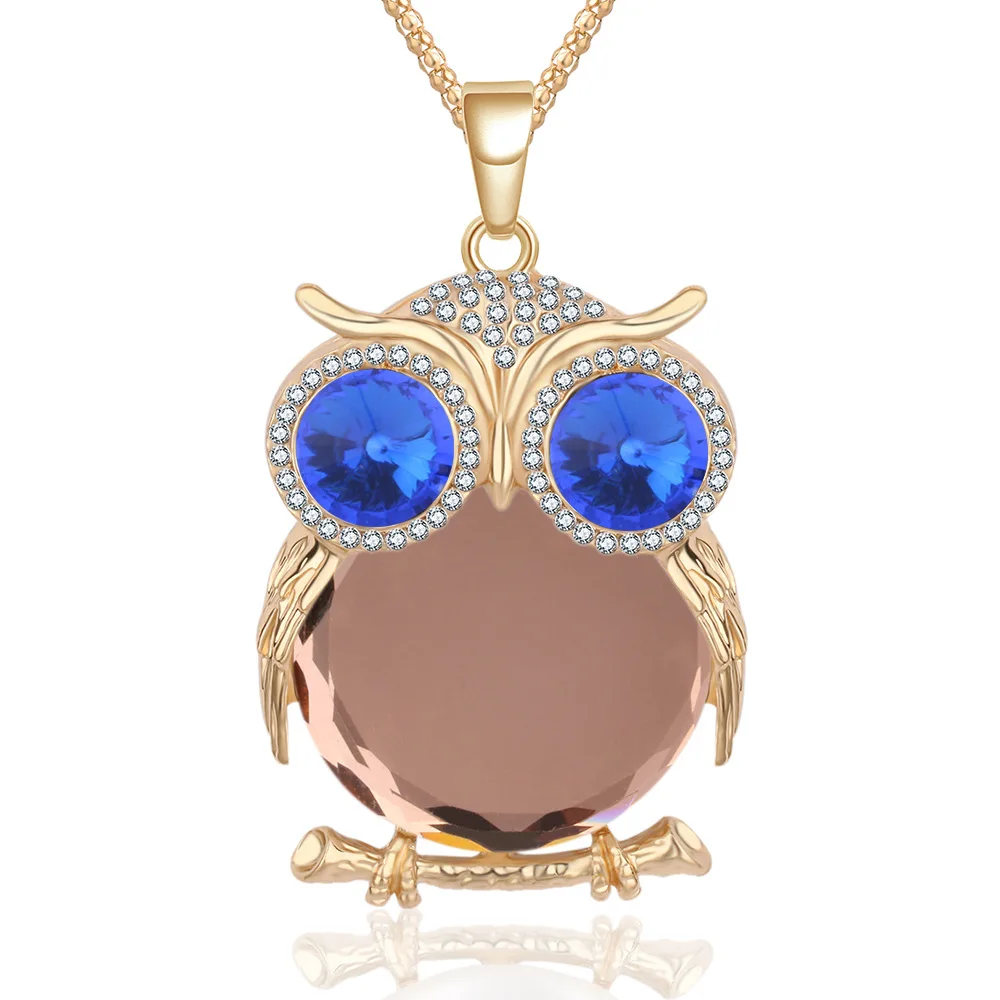 Women 12 Colors Glass Crystal Rhinestone Drop Silver Color Chain Owl Necklace Pendant Women Jewelry Statement Bijouterie Gifts - Окраска металла: 4