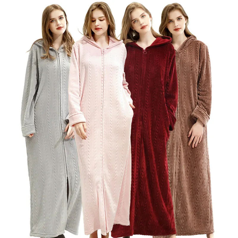 Women's Plus Size Long Warm Flannel Bathrobe Winter Bride Hooded Women