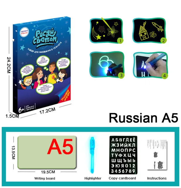 Russian A5 Волшебный светодиодный световой доска для рисования с флуоресцентная ручка для рисования граффити планшет для рисования неограниченное количество Применение живопись для лучшие подарки для детей - Цвет: Russian A5