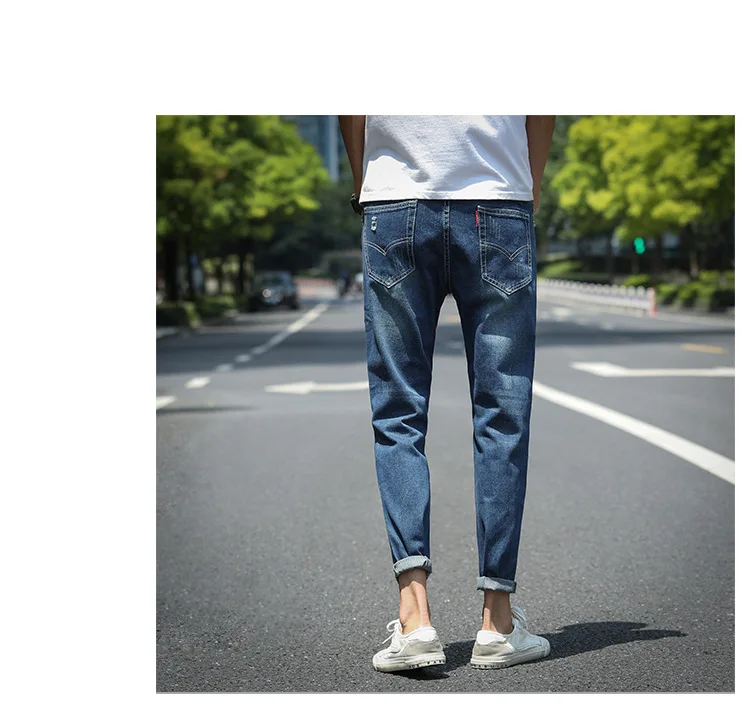Весенние и летние тонкие капри мужские с дырками джинсы корейский стиль Slim Fit Trend эластичность 9 точек обтягивающие брюки