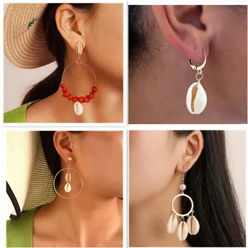 

Boho Gold Color Turkish Eye Starfish Shell Earrings Set Exaggerated Big Circle Cowrie Seashell Drop Statement Earrings For Women