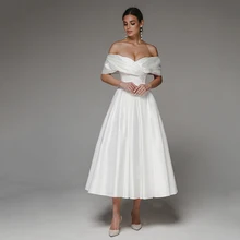 

Elegant Satin Wedding Dresses White Ivory Tea Length Simple Formal Party Sweetheart Off Shoulder Lace Up Bridal Gown For Woman