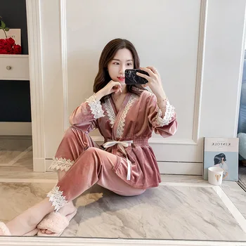 

Pijamas Sleep Set Lady Soft 3PCS Pajamas Suit Velour Autumn Winter Home Clothing Casual Lounge Nightwear With Lace Sleepwear