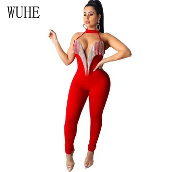 

WUHE Elegant Glitter Diamonds Tassel Halter Jumpsuits Women Sexy Strapless V Neck Bandage Romper Ladies Party Bodycon Bodysuits