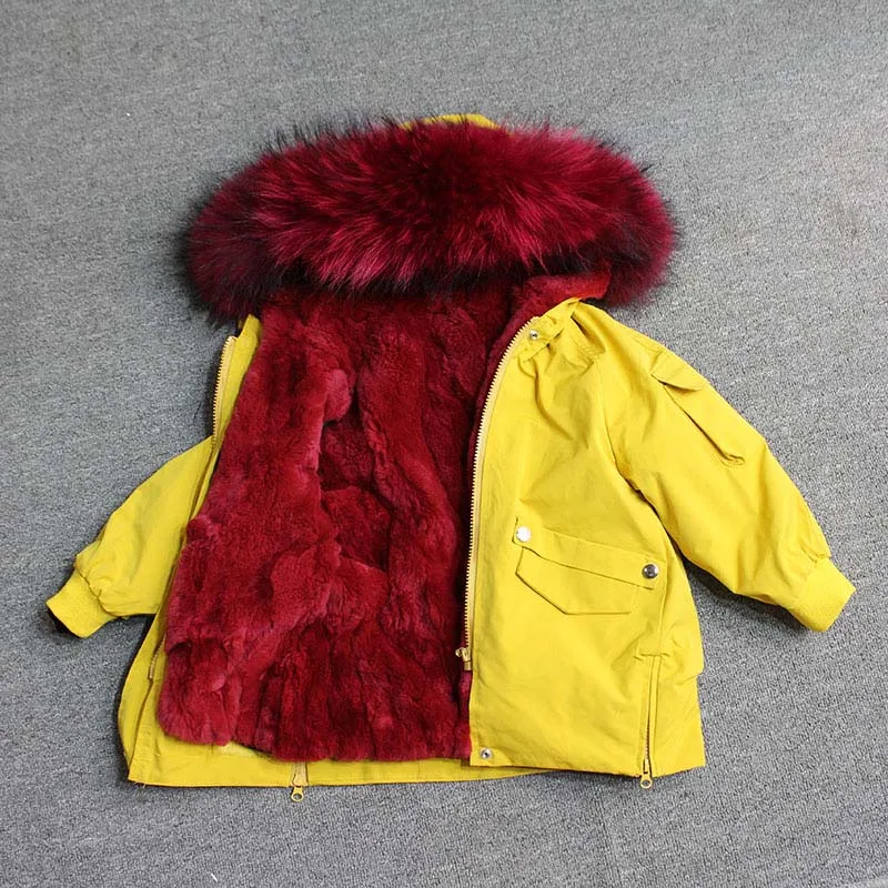 Для маленьких мальчиков детская зимняя куртка, детская куртка-пуховик для девочек зимняя куртка для детей в Зимняя куртка для девочек и мальчиков детские линией натурального меха кролика, парка, пальто - Цвет: yellow red fur