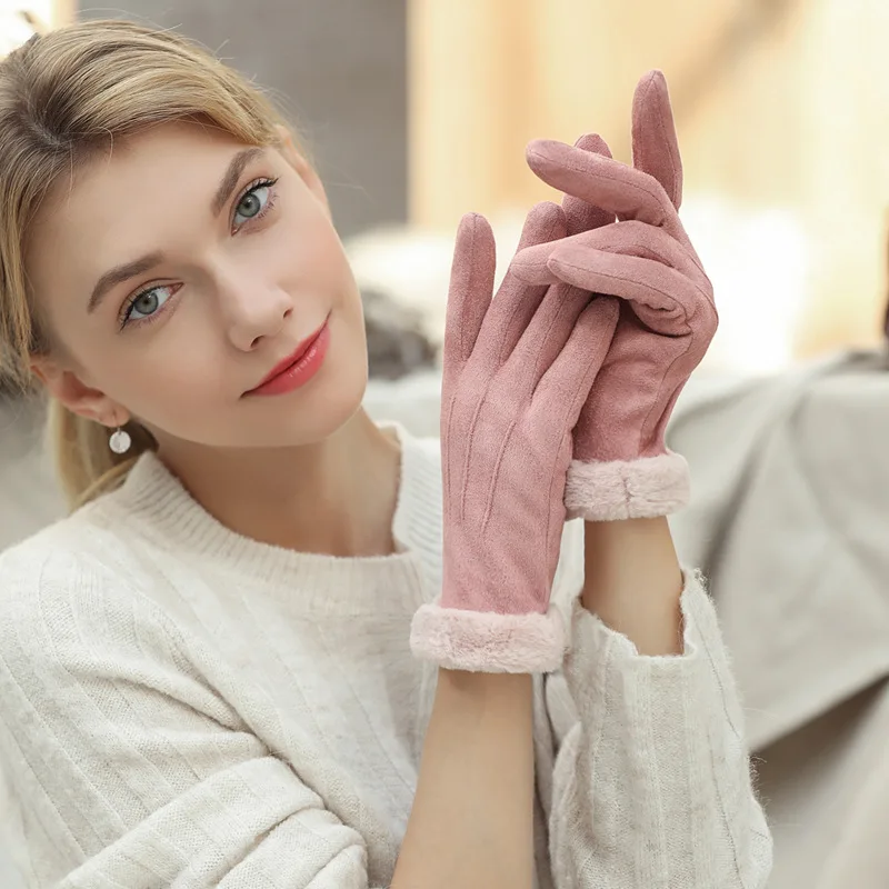 pink Новинка, милые зимние перчатки с сенсорным экраном для женщин, водонепроницаемые перчатки, варежки из хлопковой замши, ручная одежда, толстые теплые ветрозащитные перчатки - Цвет: pink
