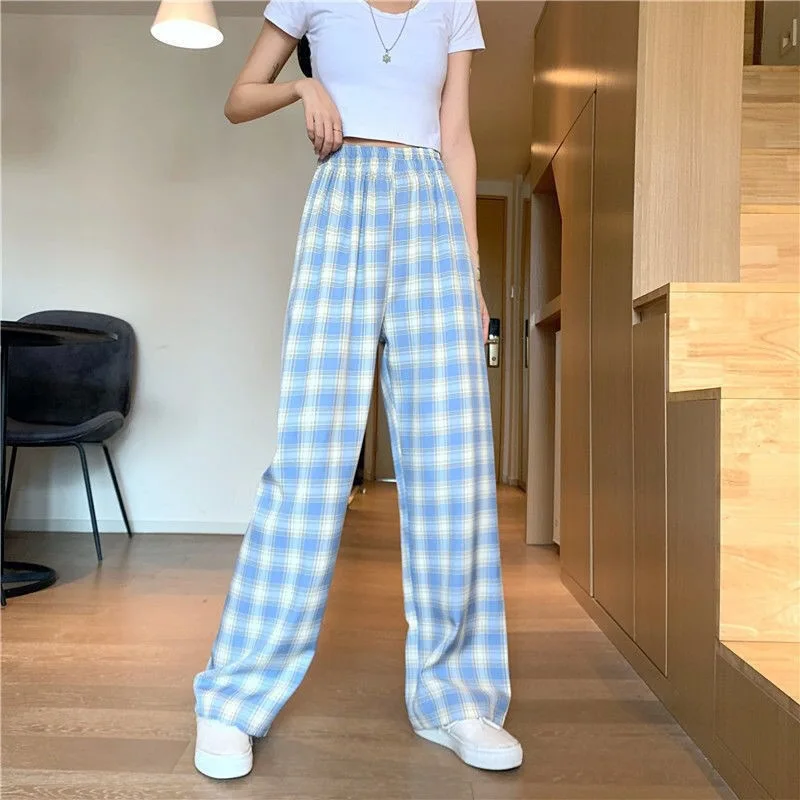 Harajuku Plaid Pants Women Oversize Wide Leg Trousers Female Korean Style High Waist Checkered Pajama 2022 Spring Autumn