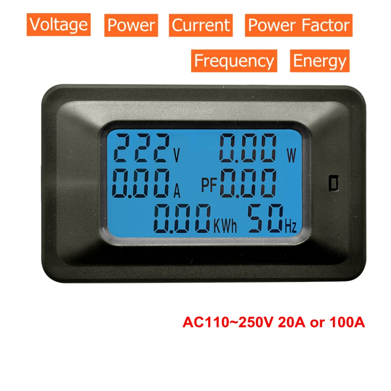 Цифровой вольтметр Амперметр AC 110V 220V 20A/100A измеритель напряжения переменного тока ватт кВтч монитор коэффициент мощности частота счетчик энергии