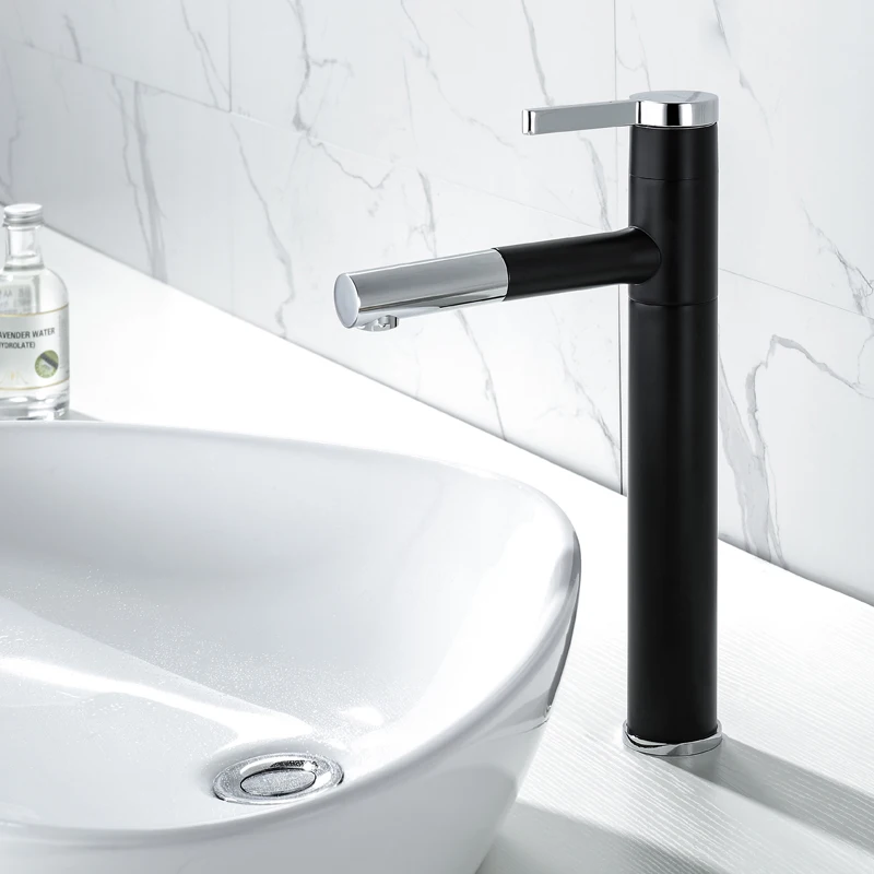 

Bathroom Black Pull Out Basin Faucet High Arc Sink Hot and Cold Water Mixer Tap 360 Degree Rotating