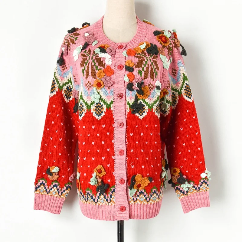 

Christmas Luxury Runway Women 2019 Autumn Sweater Loose Knitted 3D Hand Floral Cardigan Single-breasted Coat New Year Clothes