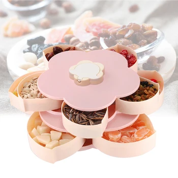 

Home With Phone Stand Anti-slip Petal-Shaped Double-deck Sectional Dried Fruit Rotating Snack Serving Tray Storage Organizer ABS