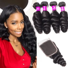 

Peruvian Loose Wave With 4*4 Closure 100% Virgin Remy Hair With Closure Spring Loose Curly 3 Bundles Hair With Closure Ulamaz