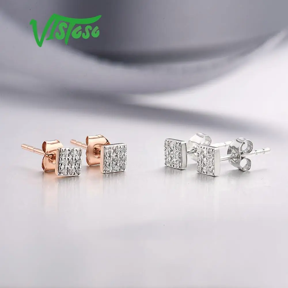 VISTOSO Gold Earrings For Women 14K 585 Rose White Gold Sparkling Diamond Dainty Round Cirle Stud Earrings Trendy Fine Jewelry images - 6
