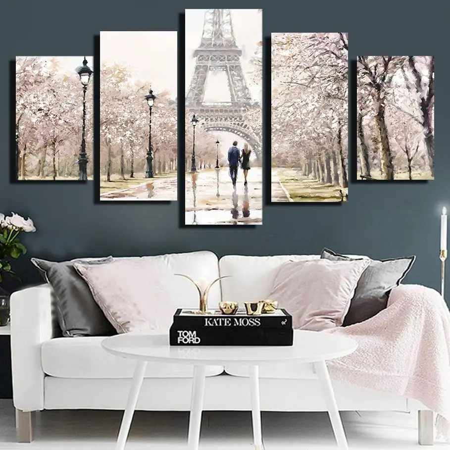 

No Framed Canvas 5Pieces Romantic Lover The Eiffel Tower Wall Art Posters Picture Painting Home Decor for Living Room Decoration