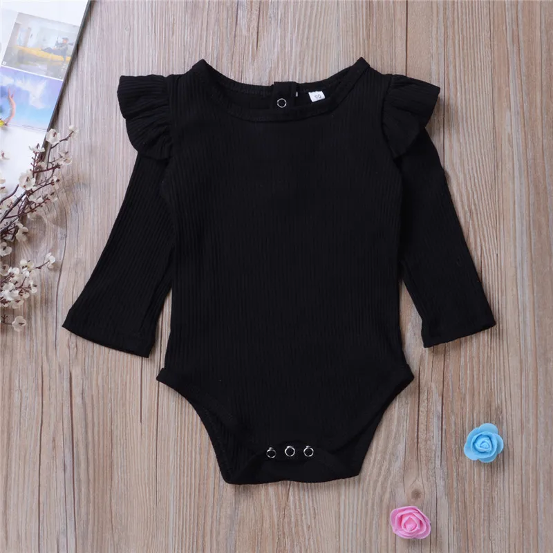 0-24M Newborn Jumpsuit Baby Boy Long Sleeve Romper Cotton Ruffled Solid Beige White Black Pink Playsuit For Infant Girls 3