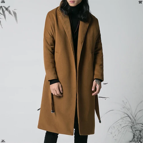 Dark brown Китайский стиль мужская одежда новое шерстяное пальто Мужская Длинная зимняя ветровка Ретро Пояс Мужское молодежное длинное пальто - Цвет: Dark brown