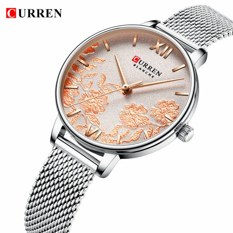 

Curren Women's Bracelet Watches 2019 New Design Luxury Rose Gold Ladies Girls Watches Stainless Steel Analog Quartz Clock Silver