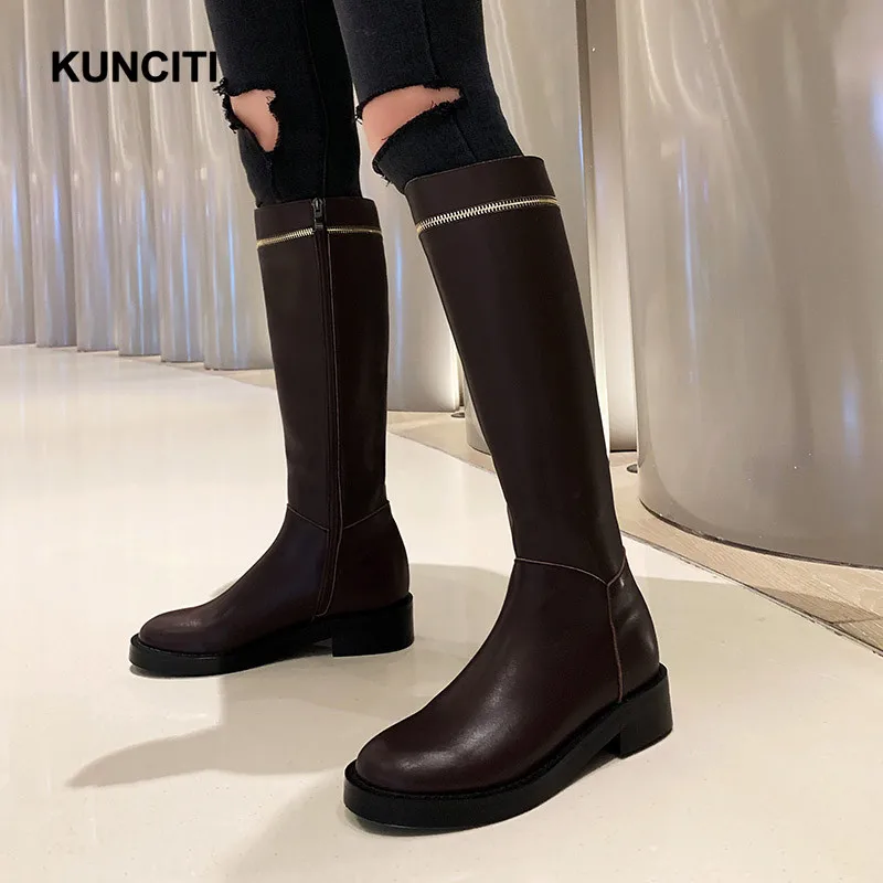 KUNCITI/; женские зимние сапоги до колена; сапоги на квадратном каблуке; ботинки в байкерском стиле; женская обувь на молнии; высококачественные высокие сапоги; B912